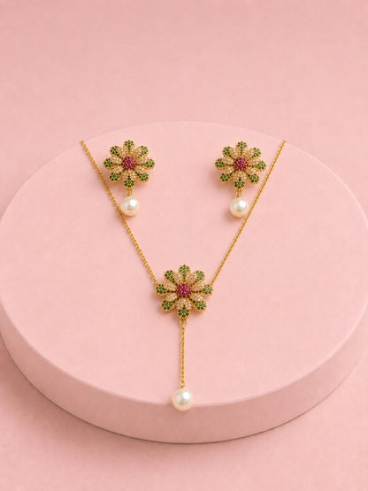 Green Ruby & Pearl Floral CZ Necklace Set | 18K Gold Plated Jewelry