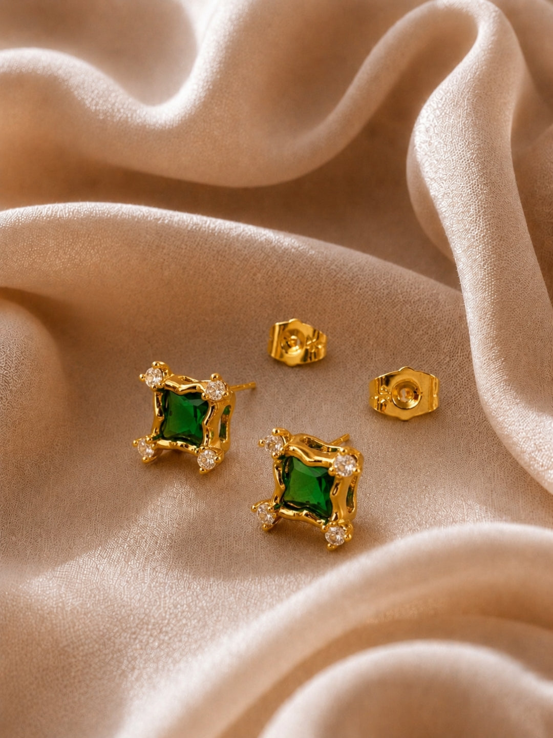 Emerald Green CZ Square Stud Earrings in 18K Gold Plating