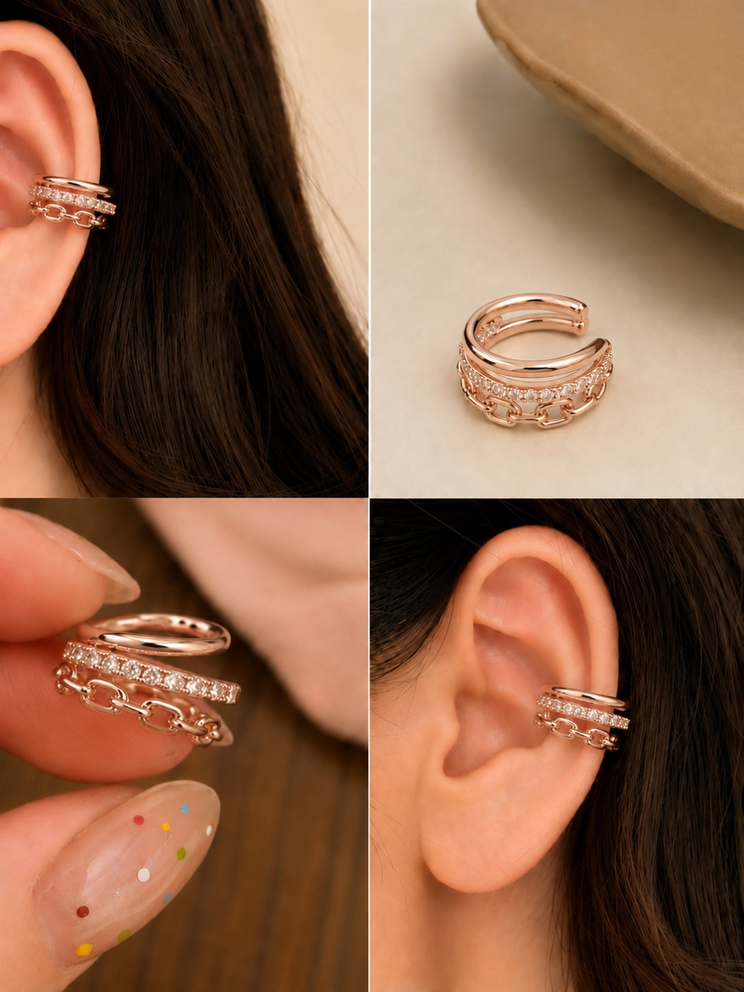 Aurora CZ Chain Link Rose Gold Ear Cuff | No Piercing Ear Cuff