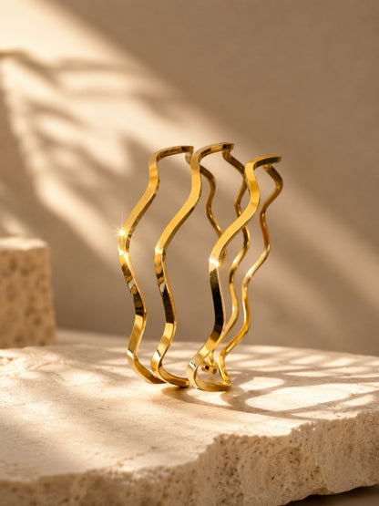 18K Gold Plated Wave Bangles Set of 3 | Anti Tarnish Stainless Steel