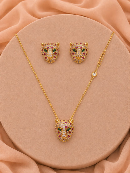 18K Gold  Plated Pink Tiger Eye CZ Jewelry Set | Anti Tarnish Necklace & Earrings