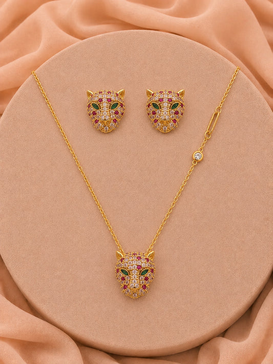 18K Gold  Plated Pink Tiger Eye CZ Jewelry Set | Anti Tarnish Necklace & Earrings