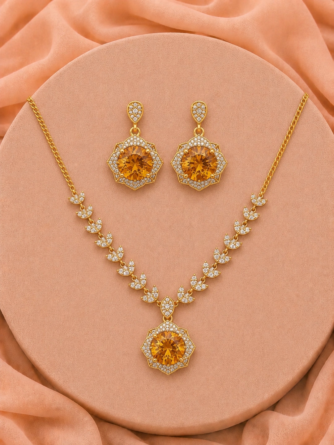 18K Gold Plated Sapphire Floral CZ Jewelry Set | Anti Tarnish Necklace