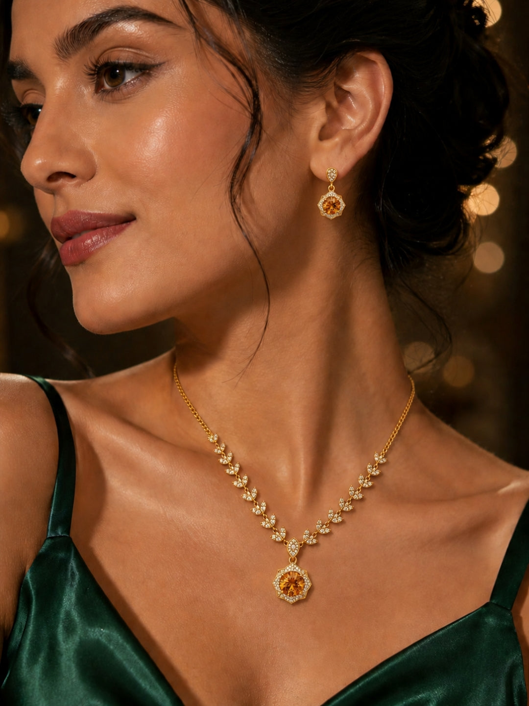 18K Gold Plated Sapphire Floral CZ Jewelry Set | Anti Tarnish Necklace