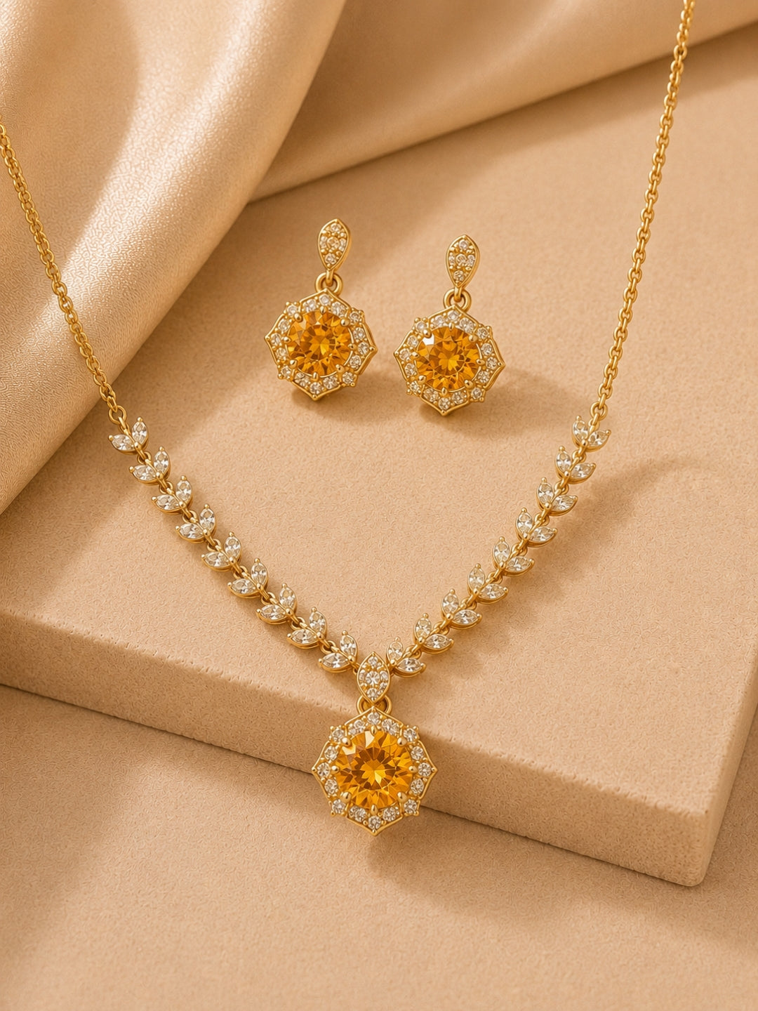 18K Gold Plated Sapphire Floral CZ Jewelry Set | Anti Tarnish Necklace