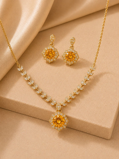 18K Gold Plated Sapphire Floral CZ Jewelry Set | Anti Tarnish Necklace