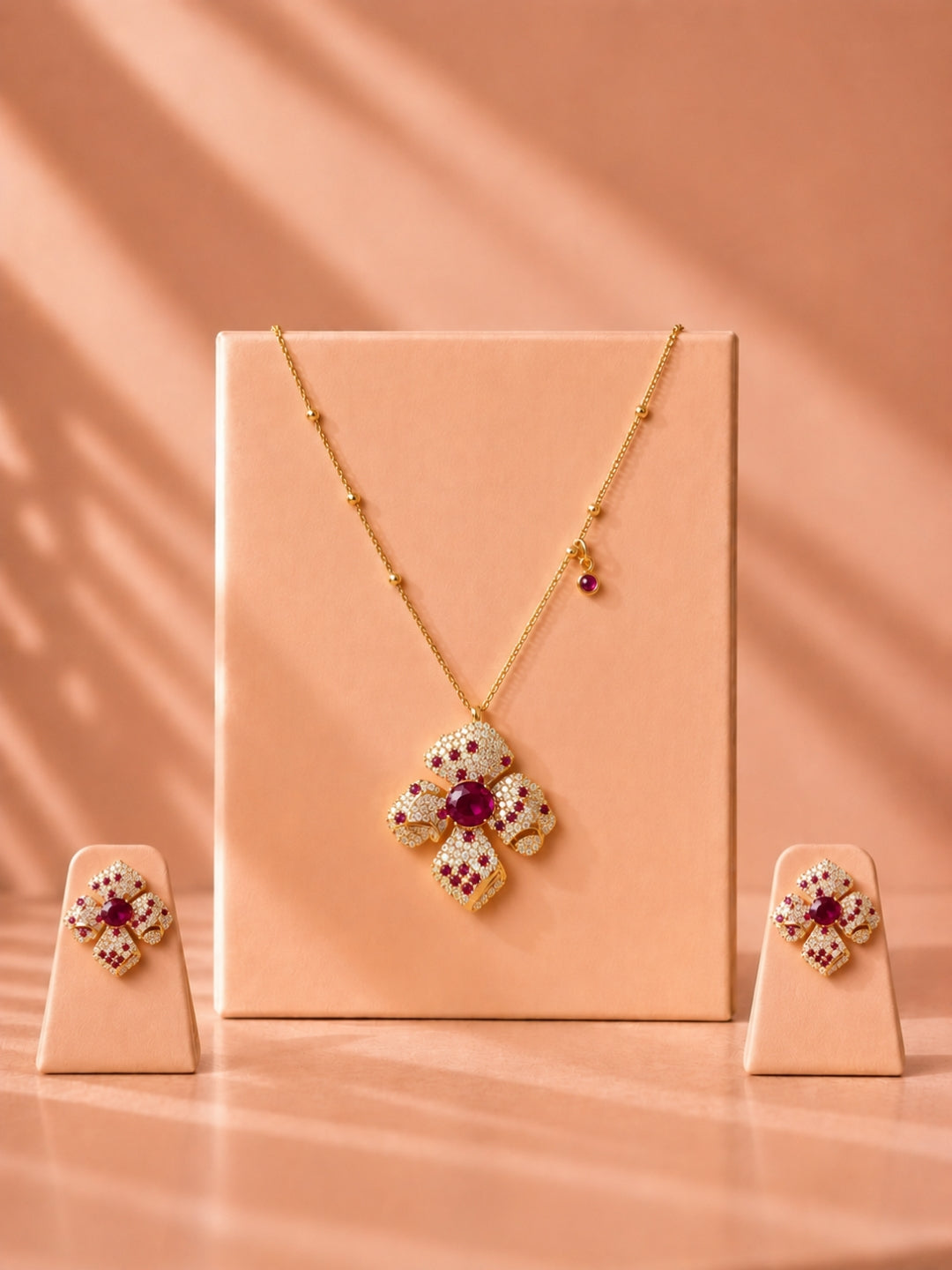 Ruby Studded Sculptural Floral CZ Necklace Set | 18K Gold Plated