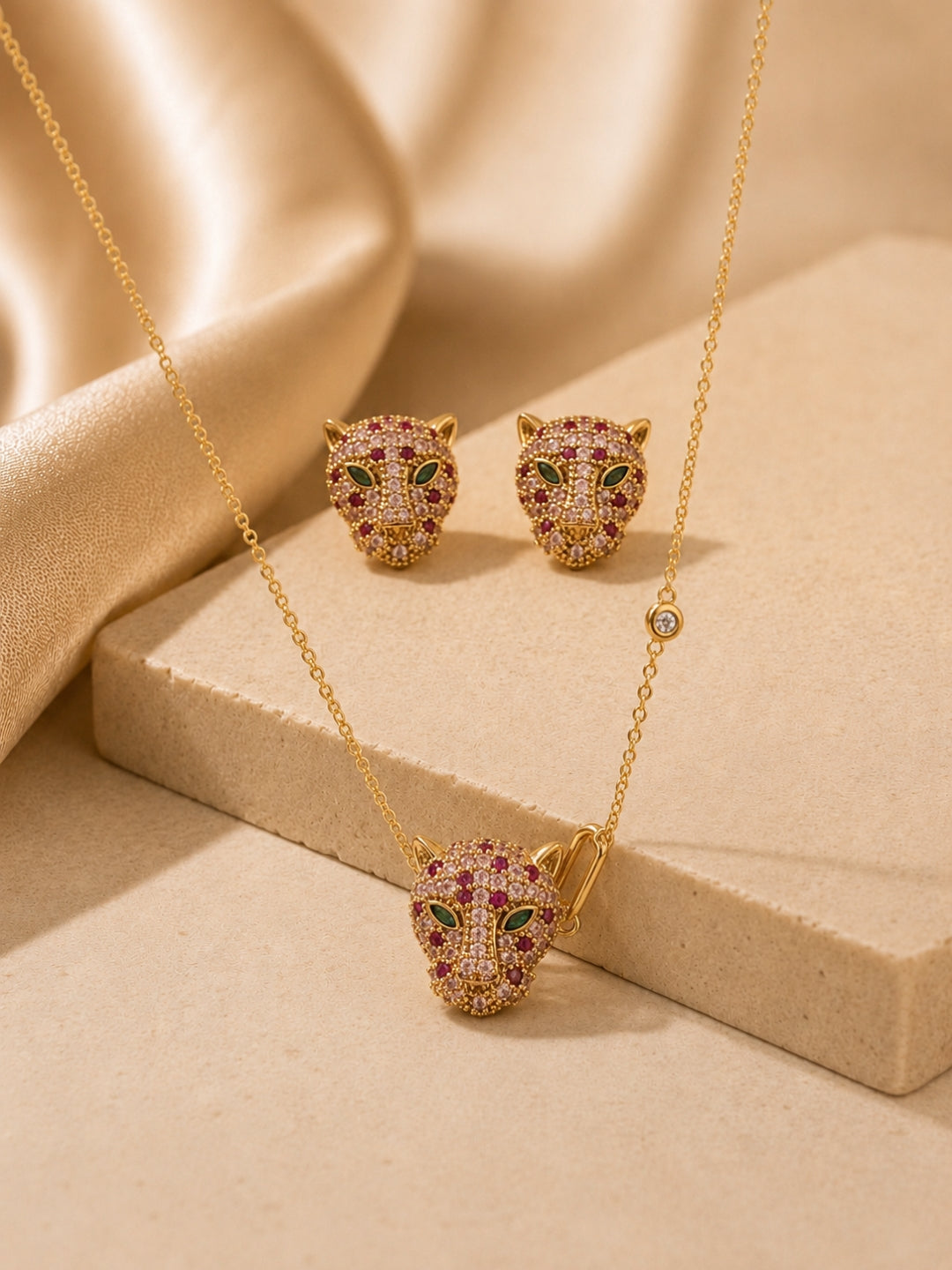 18K Gold  Plated Pink Tiger Eye CZ Jewelry Set | Anti Tarnish Necklace & Earrings
