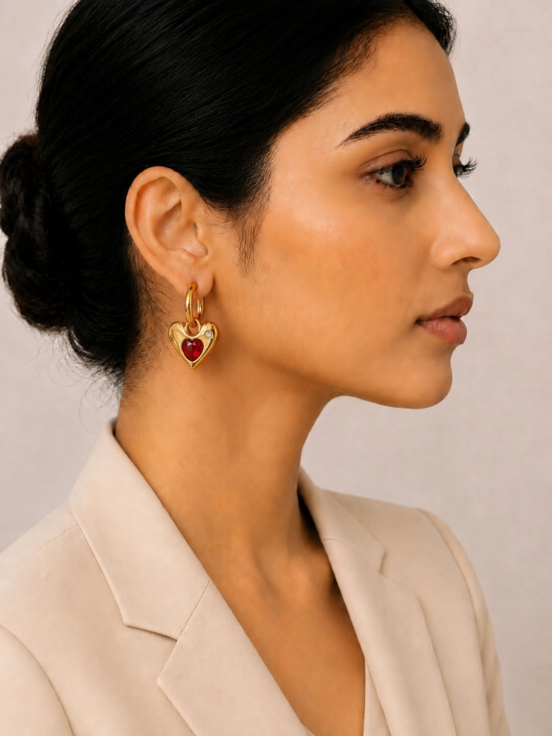 18K Rose Gold Red Heart CZ Hoop Earrings | Anti Tarnish Stainless Steel