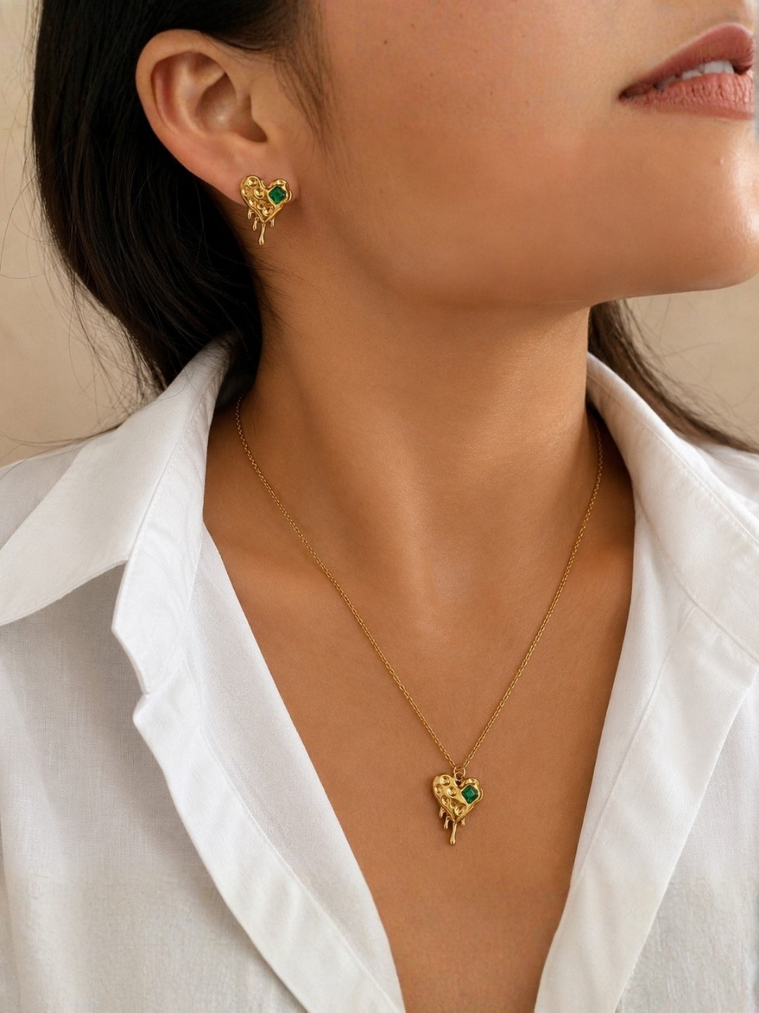 Green Heart Stone Necklace & Earrings Set in 18K Gold Finish