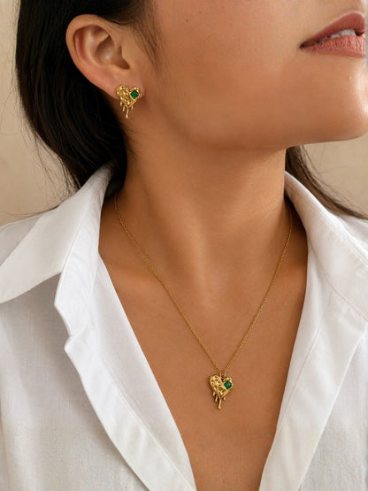 Green Heart Stone Necklace & Earrings Set in 18K Gold Finish