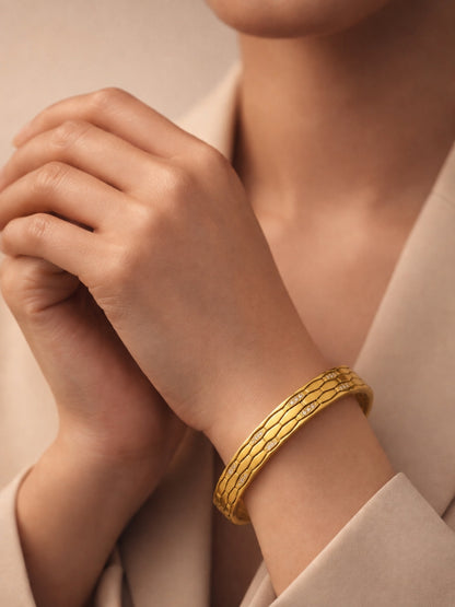 Faceted Honeycomb CZ Bangle — 18K Gold Plated Stainless Steel