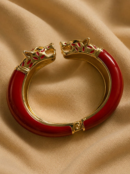 Red Wolf Enamel Gold Kada Bracelet | Anti Tarnish CZ Bangle
