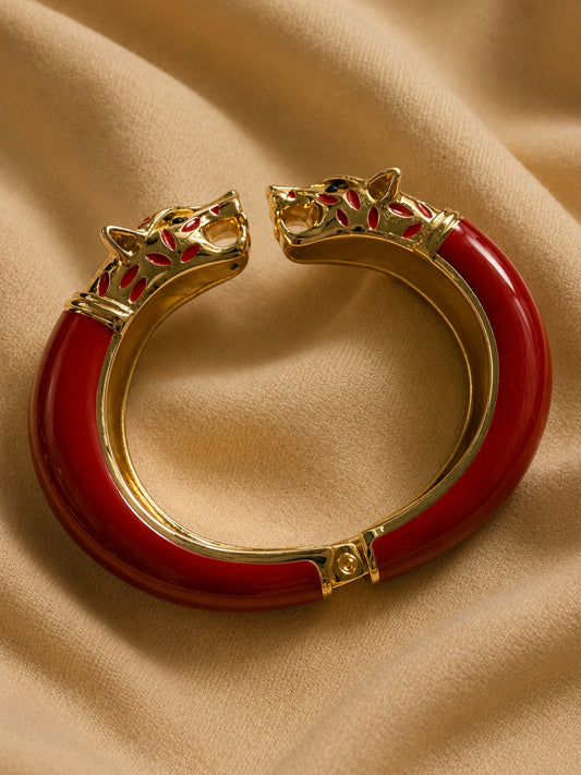 Red Wolf Enamel Gold Kada Bracelet | Anti Tarnish CZ Bangle