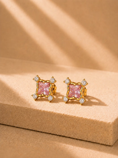 Pink CZ Square Stud Earrings in 18K Gold Plated Stainless Steel