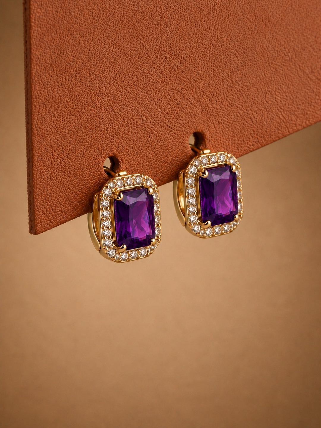 Rose Gold Purple Princess Cut CZ Hoop Earrings | Anti Tarnish