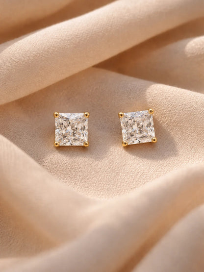 Square Solitaire Stud Earrings 8mm – 18K Gold CZ | Anti Tarnish