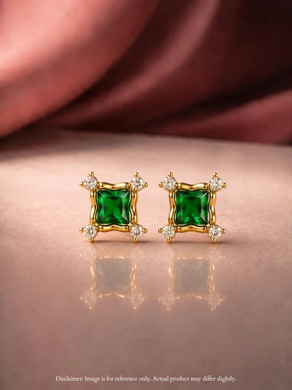 Emerald Green CZ Square Stud Earrings in 18K Gold Plating