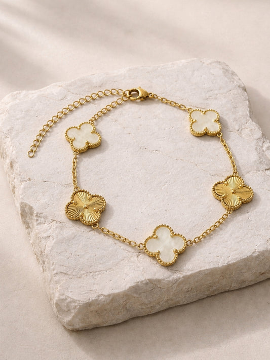 White & Gold Mother of Pearl Clover Bracelet | Anti Tarnish Gold Bracelet