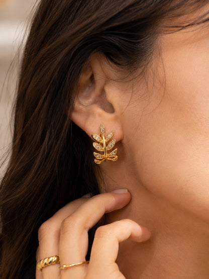 Leaf CZ Studded Mini Hoops Earrings – 18K Gold Plated | Anti Tarnish