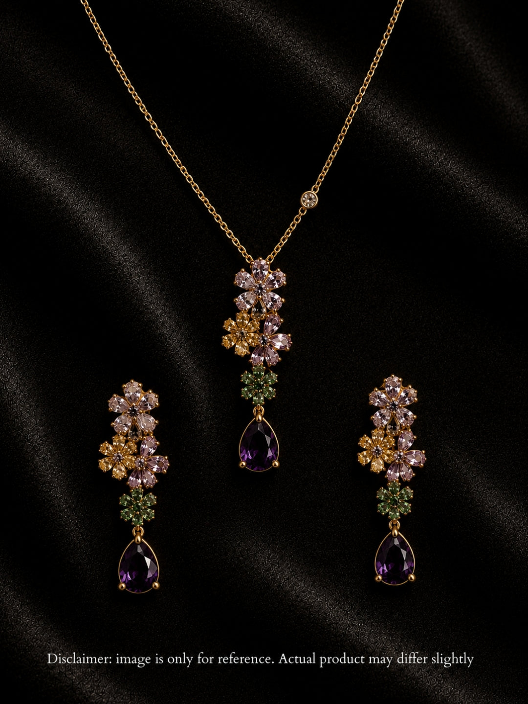 Purple Floral Drop Necklace & Earrings Set | 18K Gold Plated CZ
