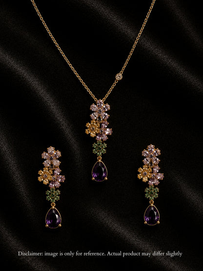 Purple Floral Drop Necklace & Earrings Set | 18K Gold Plated CZ