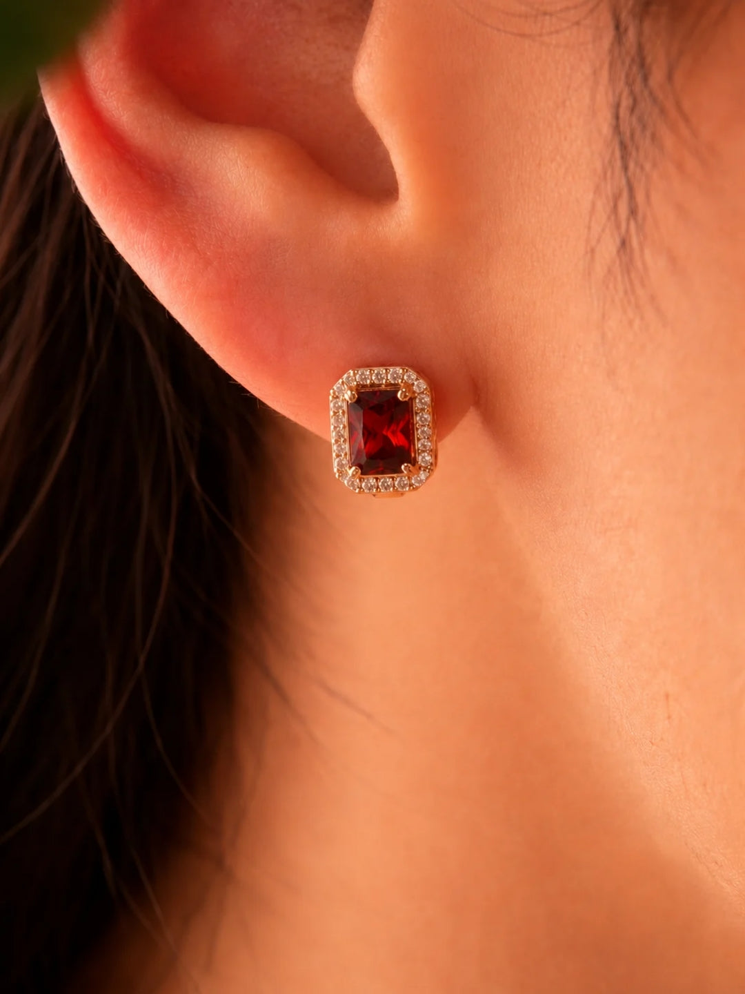 Maroon Princess Cut CZ Hoop Earrings in 18K Rose Gold
