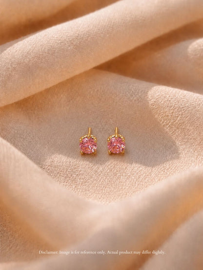 Pink CZ Solitaire Stud Earrings in 18K Gold Plated Stainless Steel